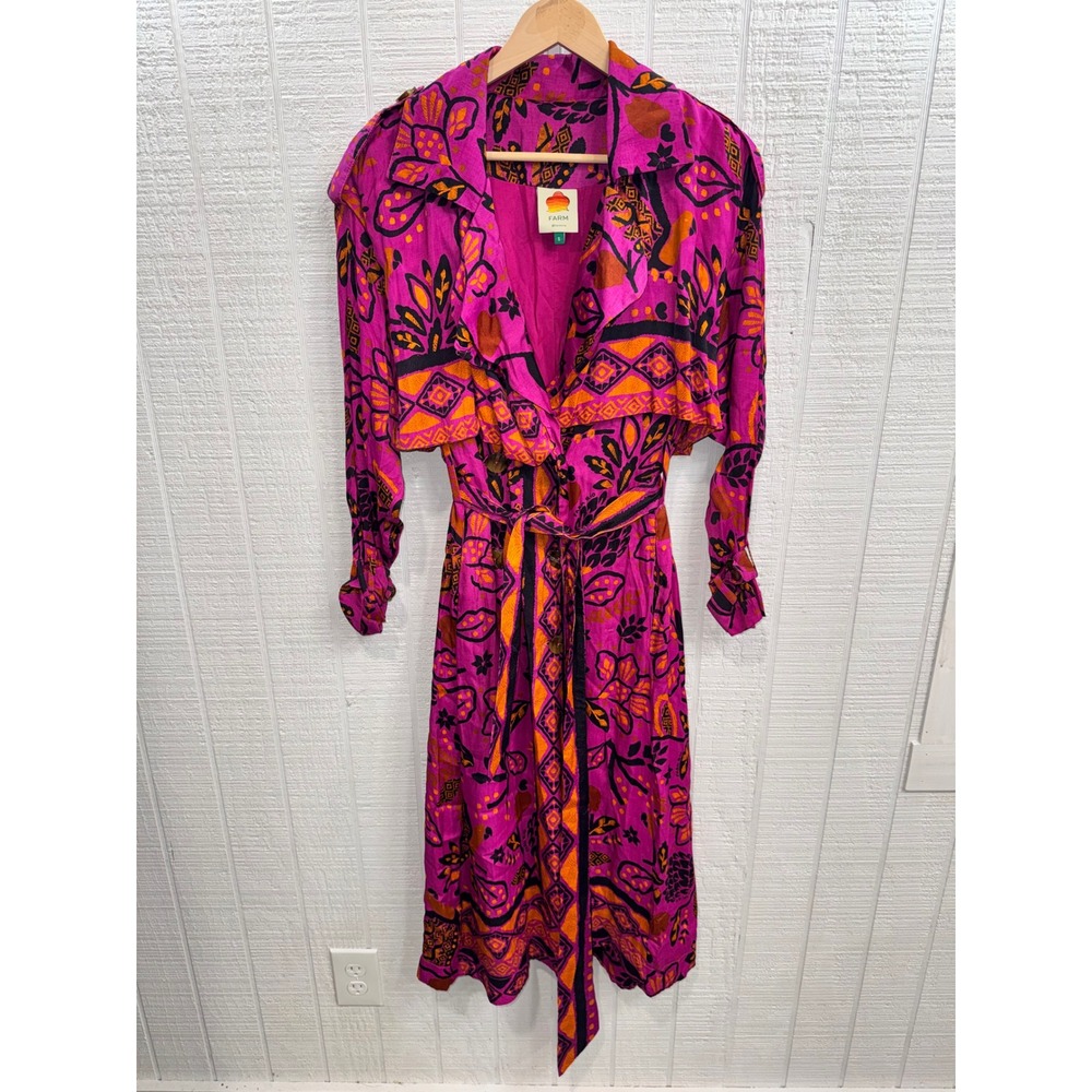 Farm Rio Trench Midi Dress Women Magenta Tropical Print Wrap Belted Small